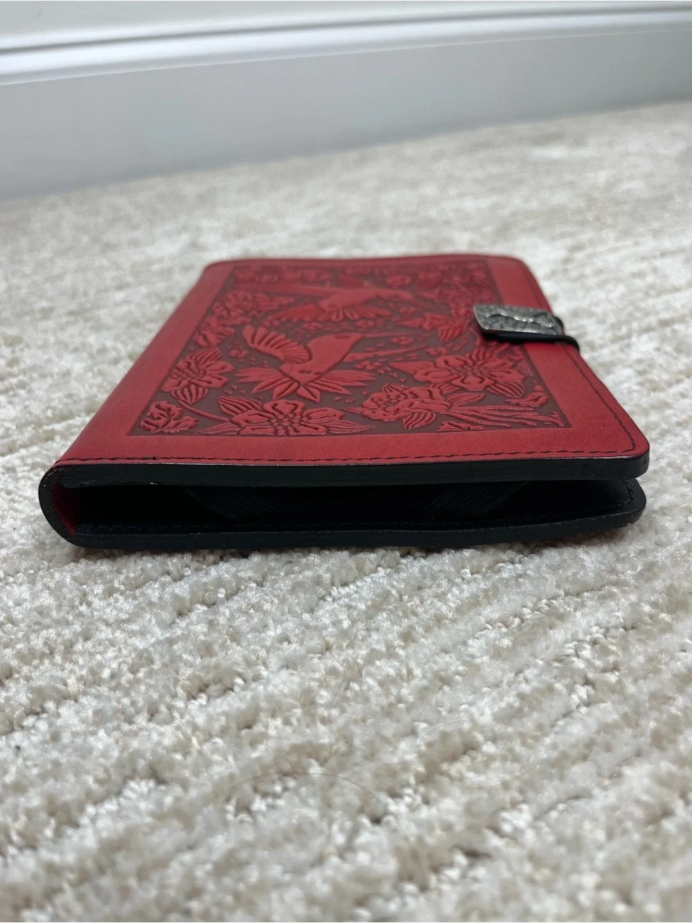 Leather Cover for Kindle e-Reader Embossed Hummingbird Floral Red Oberon Design